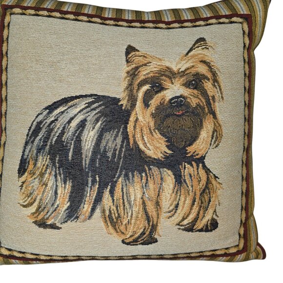 Vintage Borgata Yorkie Tapestry Throw Pillow 14" With Striped Border Dog Lover - Picture 2 of 11